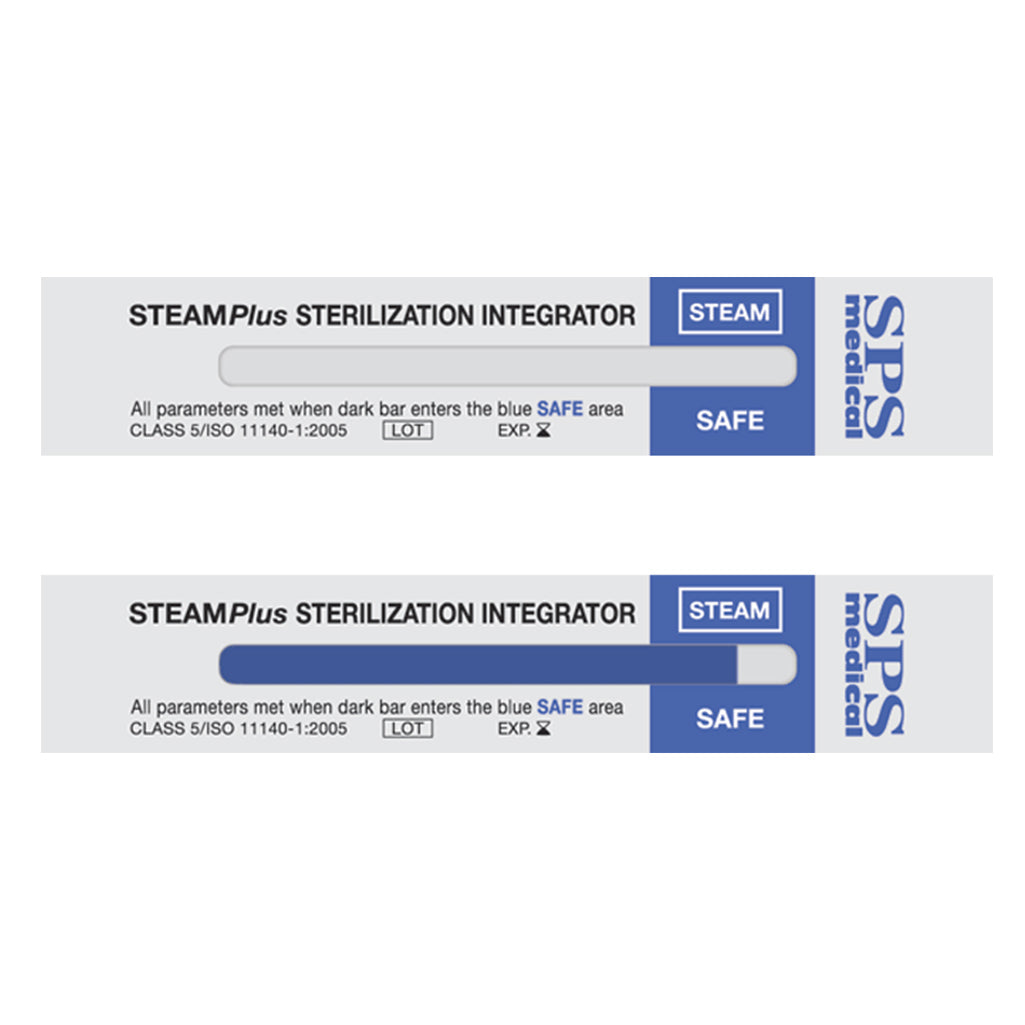 Two 'SteamPlus Sterilization Integrator' labels on a white background