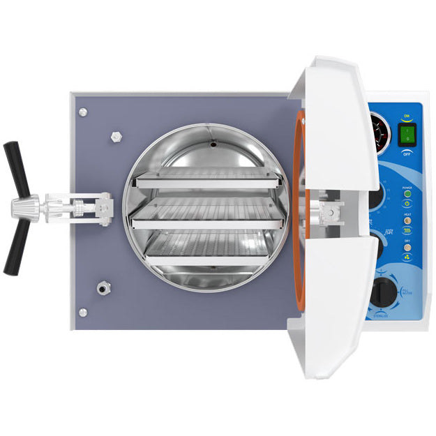 Tuttnauer 2340M Sterilizer with Door Open, Displaying Chamber and 3 Trays