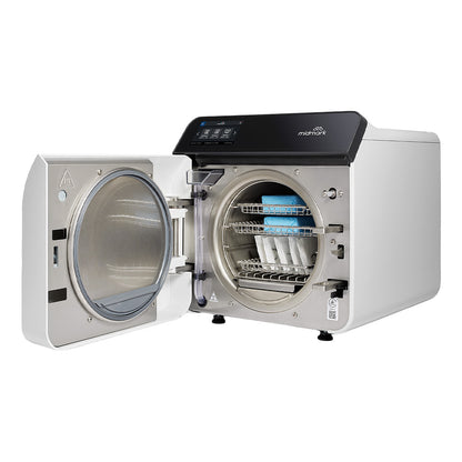 Midmark M9-050 Steam Sterilizer with Door Open, Displaying Chamber with Trays on a White Background