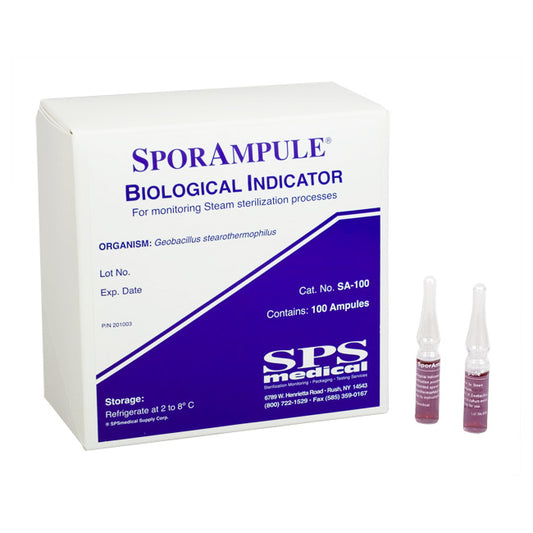 Sporampule biological indicator packaging with SPS Medical branding on a white background