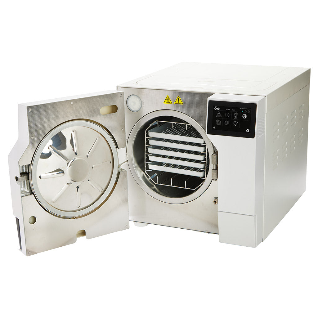Tuttnauer T-Top 10 Sterilizer with Door Open, Displaying Chamber with Trays on a White Background