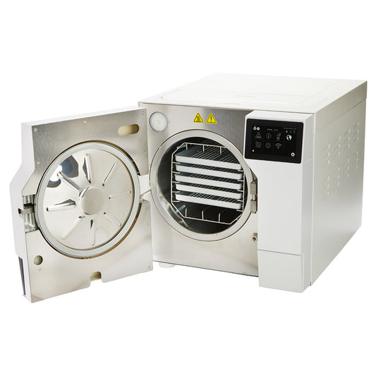 Tuttnauer T-Top 10 Sterilizer with Door Open, Displaying Chamber with Trays on a White Background