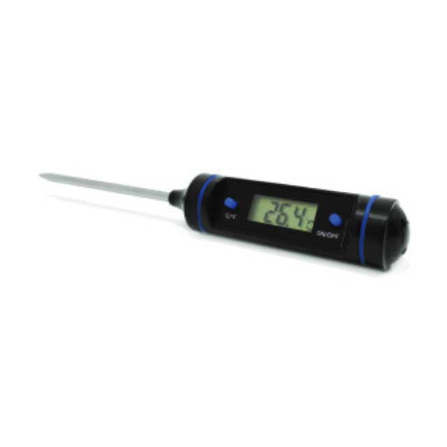 Digital thermometer with a probe on a white background