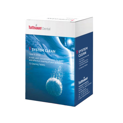 Box of Tuttnauer T-System Clean Autoclave Cleaner on White Background